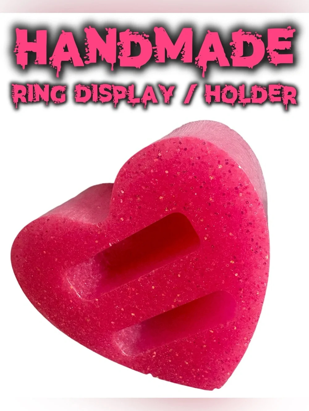 Handmade Pink Glitter Resin Heart Double Ring Holder / Display